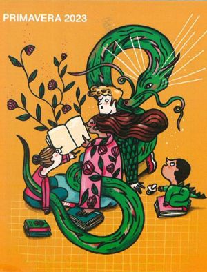 Il·lustració d'Anna Grimal on apareix una família llegint un llibre: pare, mare, dos fills i el drac de sant jordi